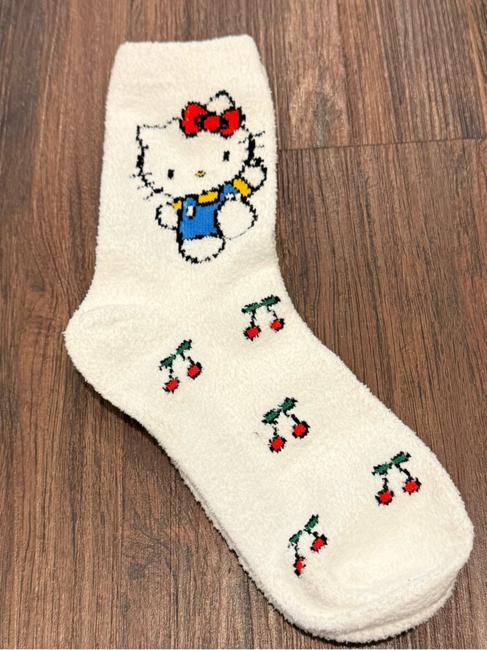 Hello Kitty Cream Fuzzy Socks with Red Bow and Red Cherries